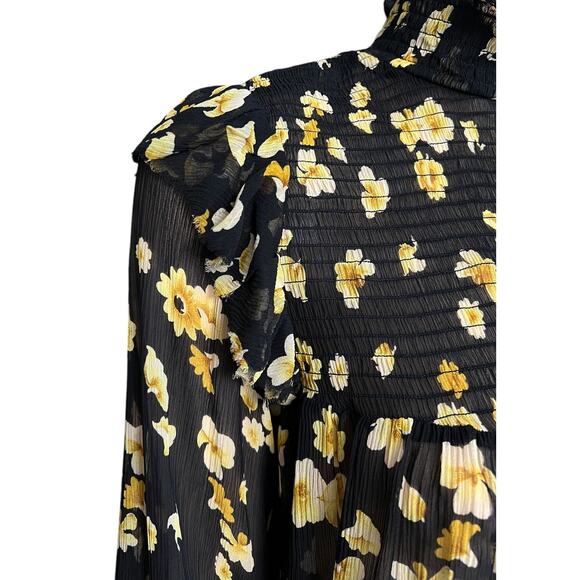 The Kooples Funnel Neck 100% Silk Sheer Smocked Floral Blouse Size Small - Picture 13 of 16